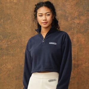 Adidas Athletic League Fleece Pullover Crop Top Womens Navy Blue 1/4 Zip